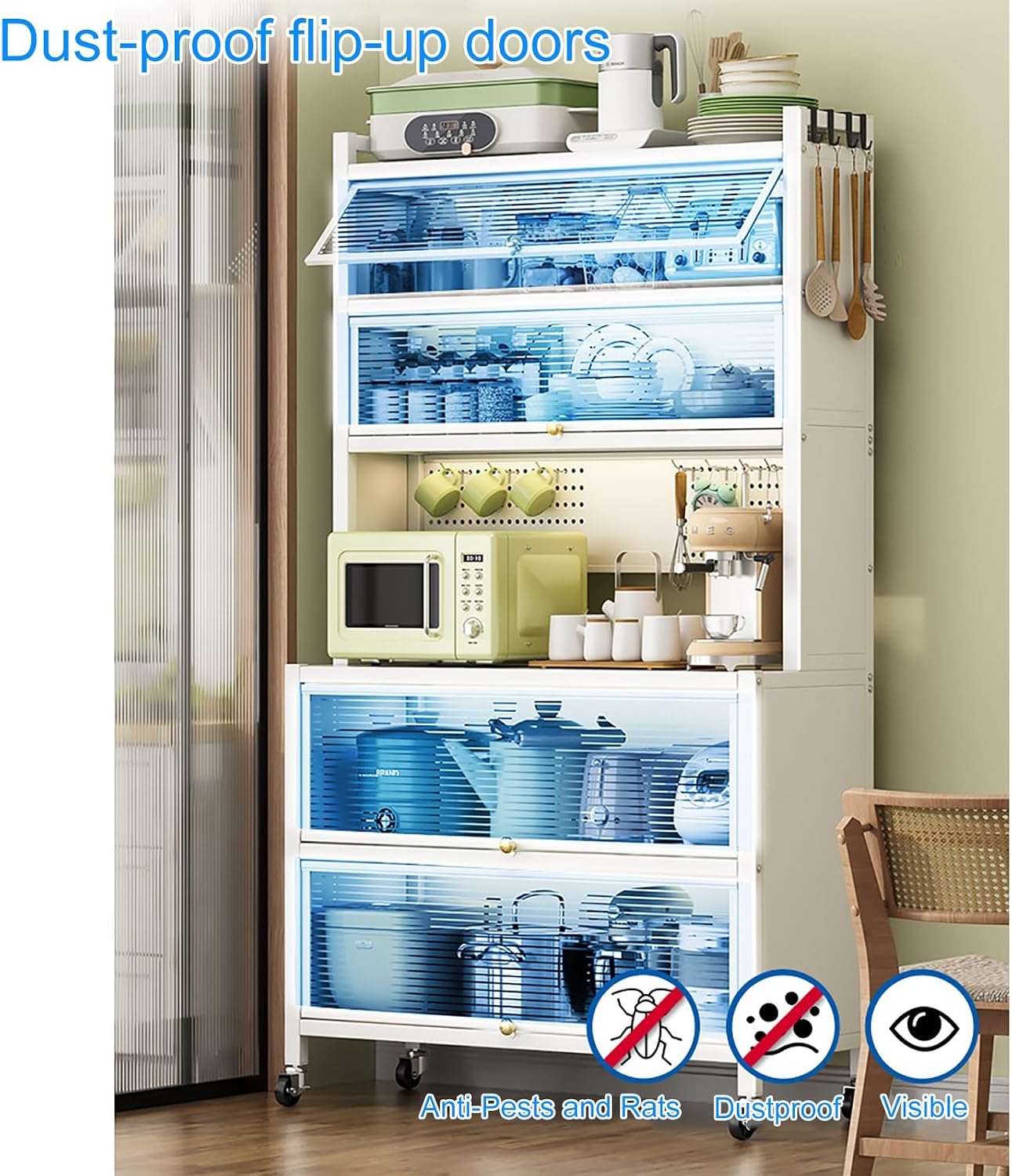White Baker's Rack with Microwave Stand, Kitchen Storage Cabinet, Flip Door & Drawer, Metal Shelves, Pegboard for Home, Garage & Pantry, Spice Organizer, Durable & Stylish