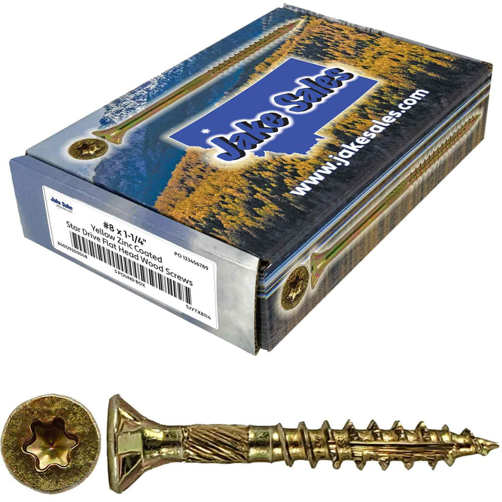 Jake Sales #8 x 1-1/4' Gold Star Wood Screw Torx/Star Drive Flat Head (CASE of 9-5 Pound Boxes). Approx. Qty 10,395 Screw Count.