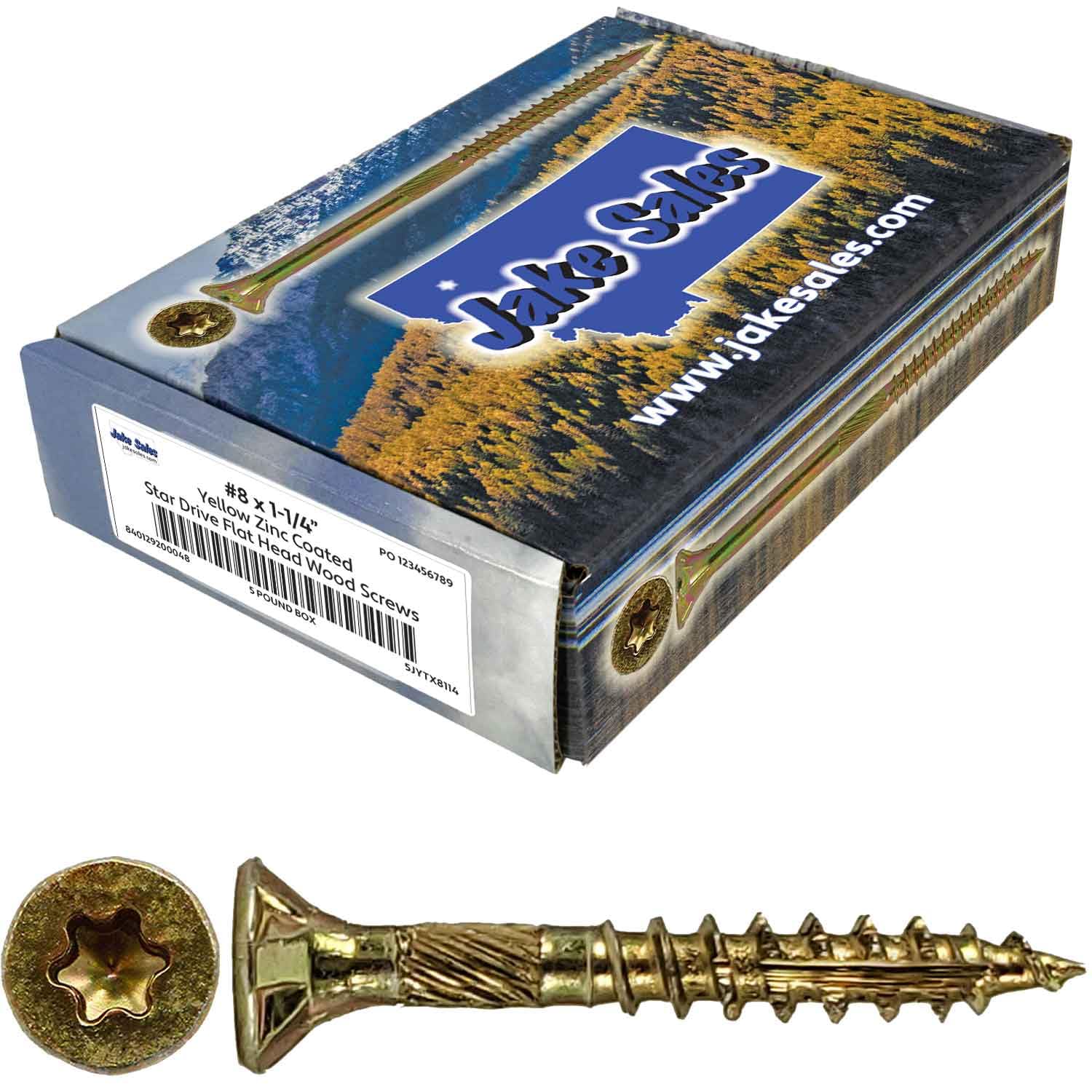 Jake Sales #8 x 1-1/4' Gold Star Wood Screw Torx/Star Drive Flat Head (CASE of 9-5 Pound Boxes). Approx. Qty 10,395 Screw Count.