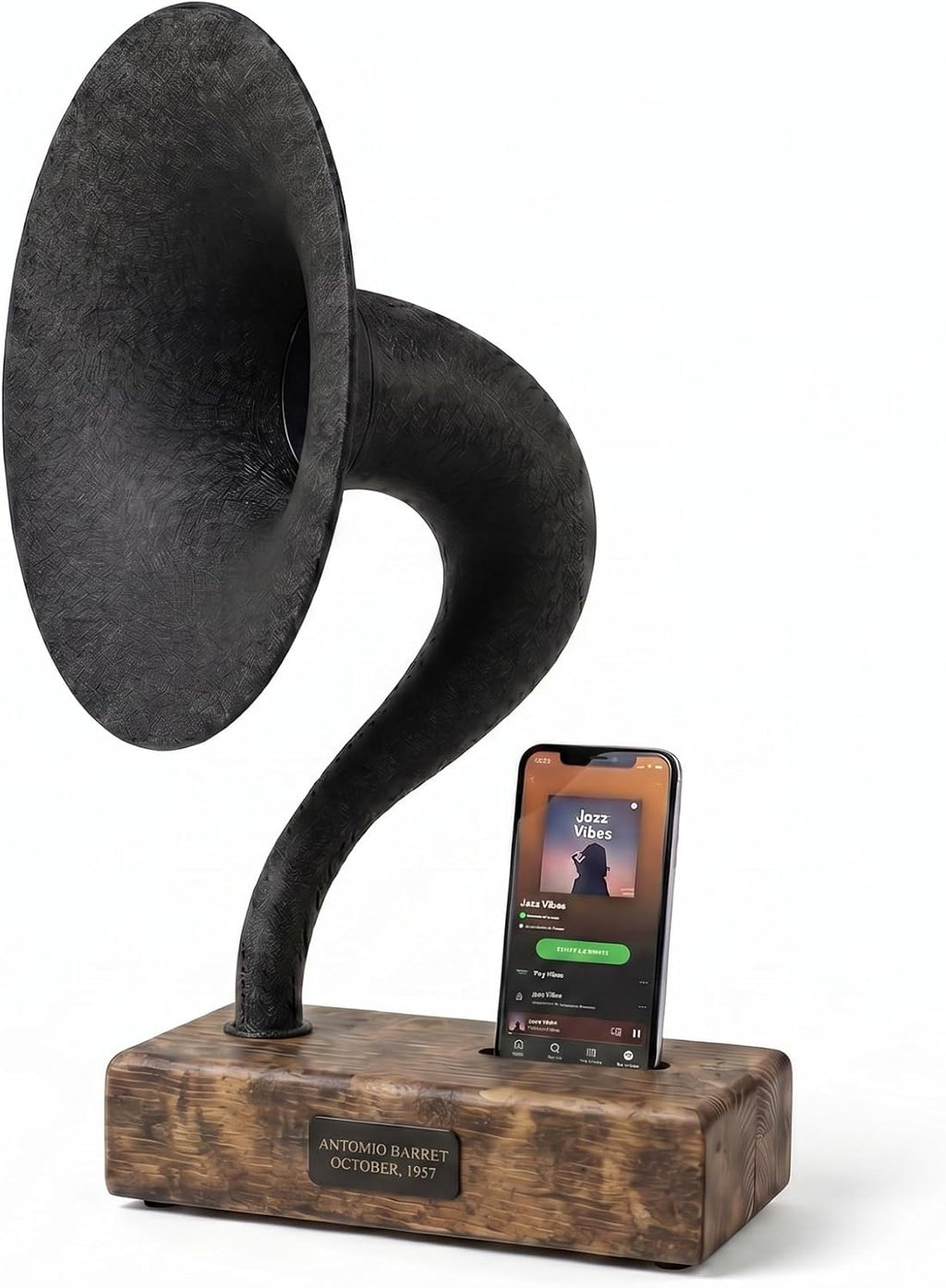 Handmade Acoustic Phone Speaker, Gramophone Phone Amplifier, Vintage Passive Speaker for Home Decor, Office Furniture Gift, Unique Handmade Smart Phone Dock - 15' Aged Oak & Cast Black