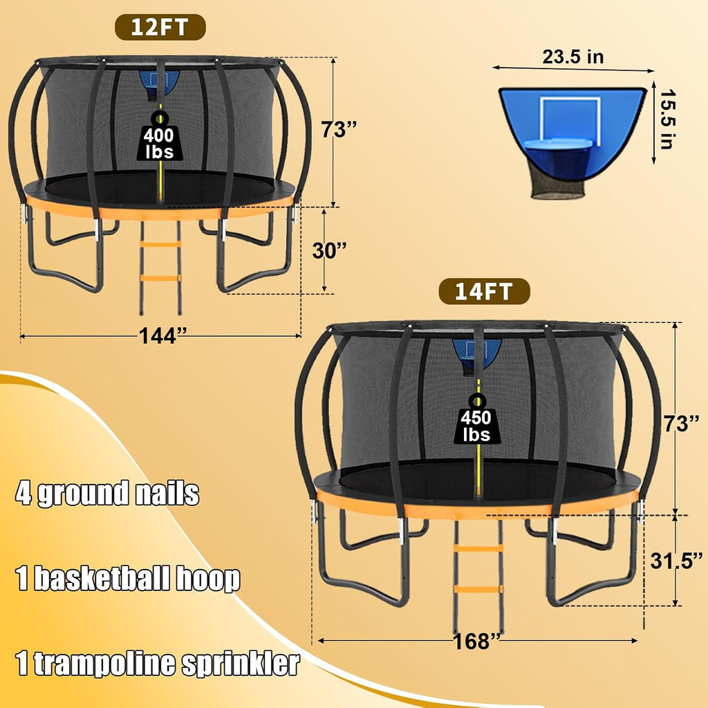 12FT 14FT Trampoline for Adults/Kids - Outdoor Trampoline with Basketball Hoop, Curved Poles, Enclosure Net and Ladder, Heavy Duty Recreational Trampoline, ASTM Approval