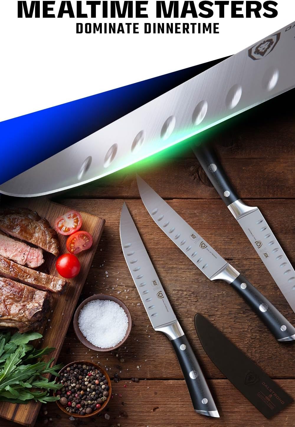 Dalstrong Non Serrated Steak Knives Set of 4-5 inch Straight Blade Steak Knife Set - Sheaths - Forged German Steel - Black G10 Handle - Gladiator Series Elite - Dinner Set - NSF Cuchillos para Carne