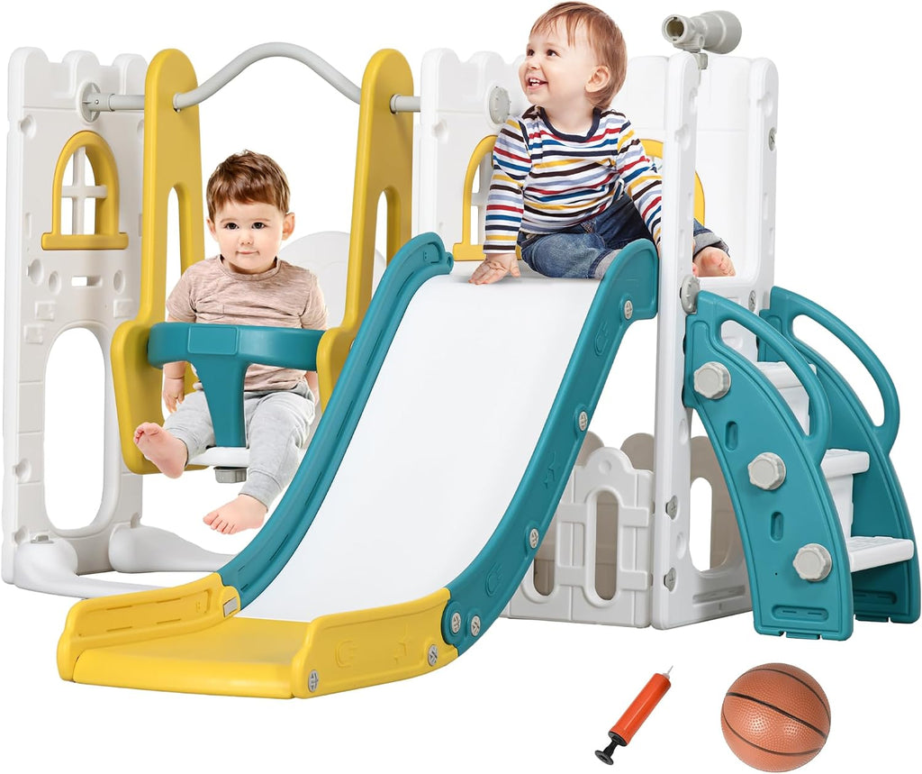 Qaba 6 in 1 Toddler Slide and Swing Set, Toddler Playground for Ages 1-3 Years with Basketball Hoop, Climber, Storage Space, Telescope, Indoor/Outdoor Playset, Yellow