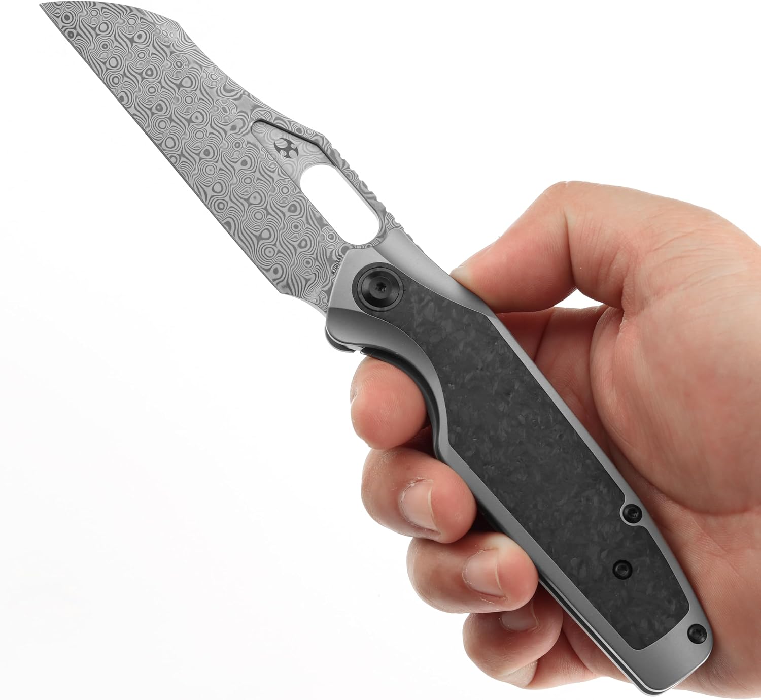 KANSEPT Tuckamore Camping Pocket Knives for Men 8.12in Folding Pocket Knives with 3.54in Damascus Material and Titanium Shred Carbon Fiber Timascus Clip Handle for Outdoor, Tactical, Survival K1052A5