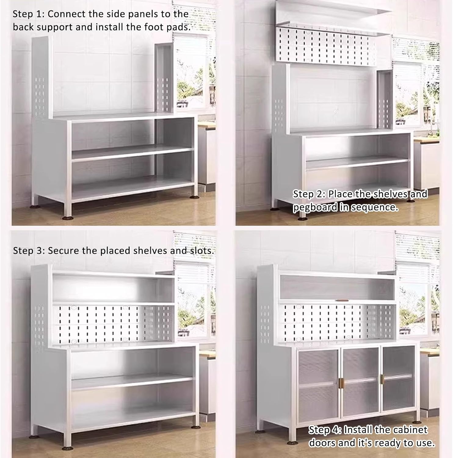 JKGHK Rolling Kitchen Bakers Rack on Wheels, Storage Sideboard Cabinet for Kitchens with Clear Doors and Adjustable Shelves, Microwave Oven Shelf Cabinet for Home, Office(White,62x24in)