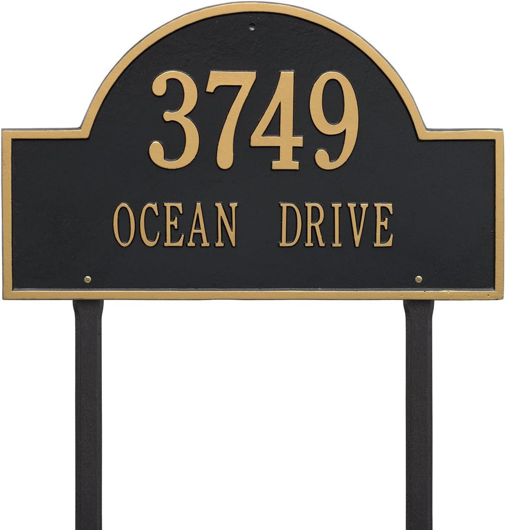 Whitehall Custom Arch Marker Estate Lawn 2 Line Aluminum Address Plaque 23.75'W x 14'H - Made in USA, Home Decor, Outdoor Decor, Housewarming Gift, Metal Customized Address Sign - Finish: Black Gold