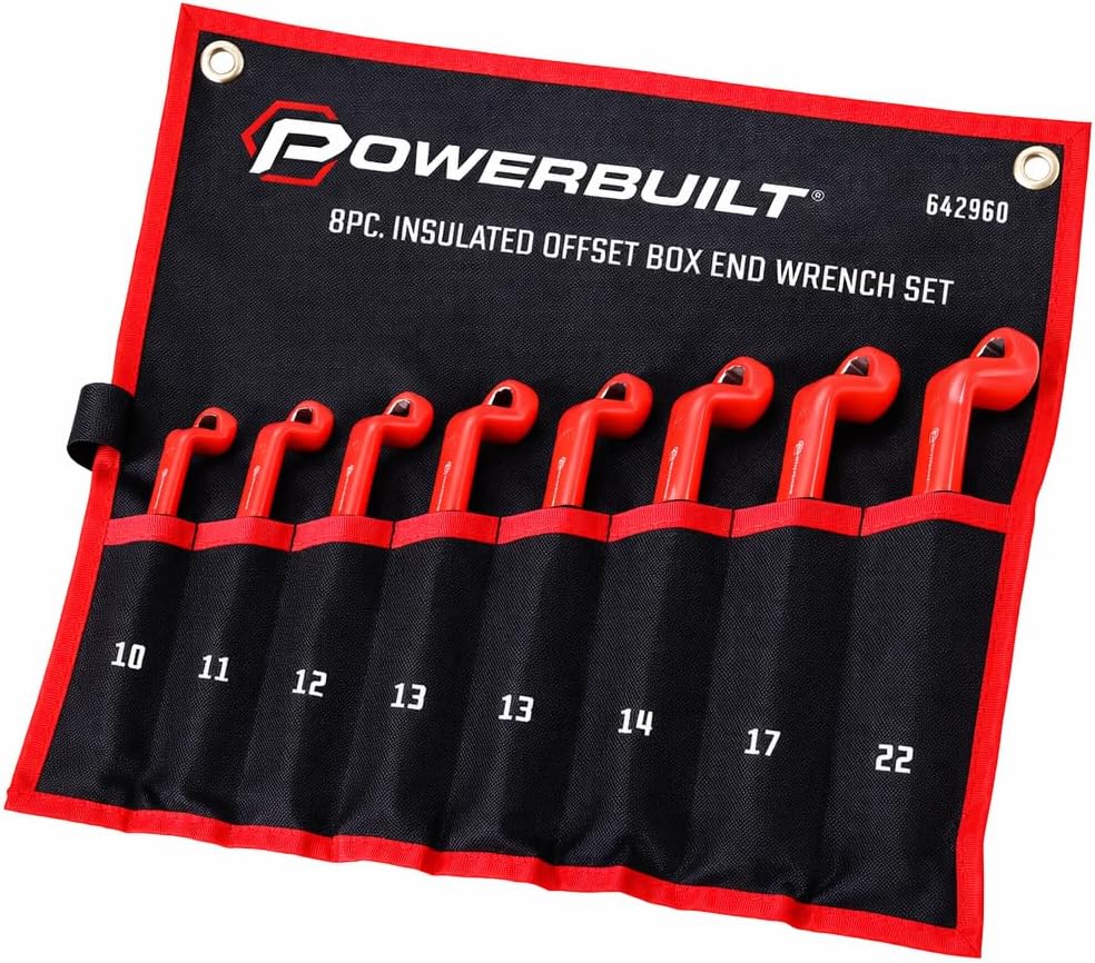 Powerbuilt 8-Piece Box End Insulated VDE Wrench Set, Rated for 1000V, Sizes 10mm-22mm, Electric and Hybrid Vehicles, Home Electrical and Car Repair - 642960