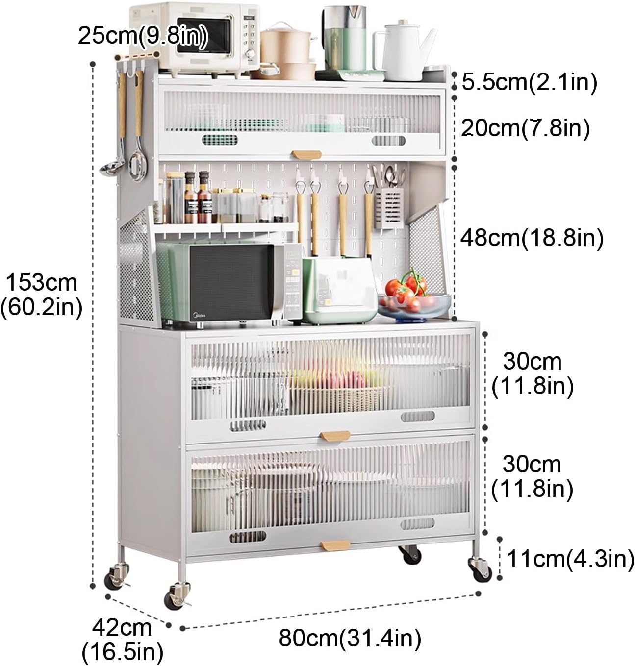 5-Tier Standing Kitchen Baker's Rack, 5 Tiers Storage Cabinet for Kitchen, with Drawers, for Kitchen Hutch, Home, Office, Pantry(White,80cm)