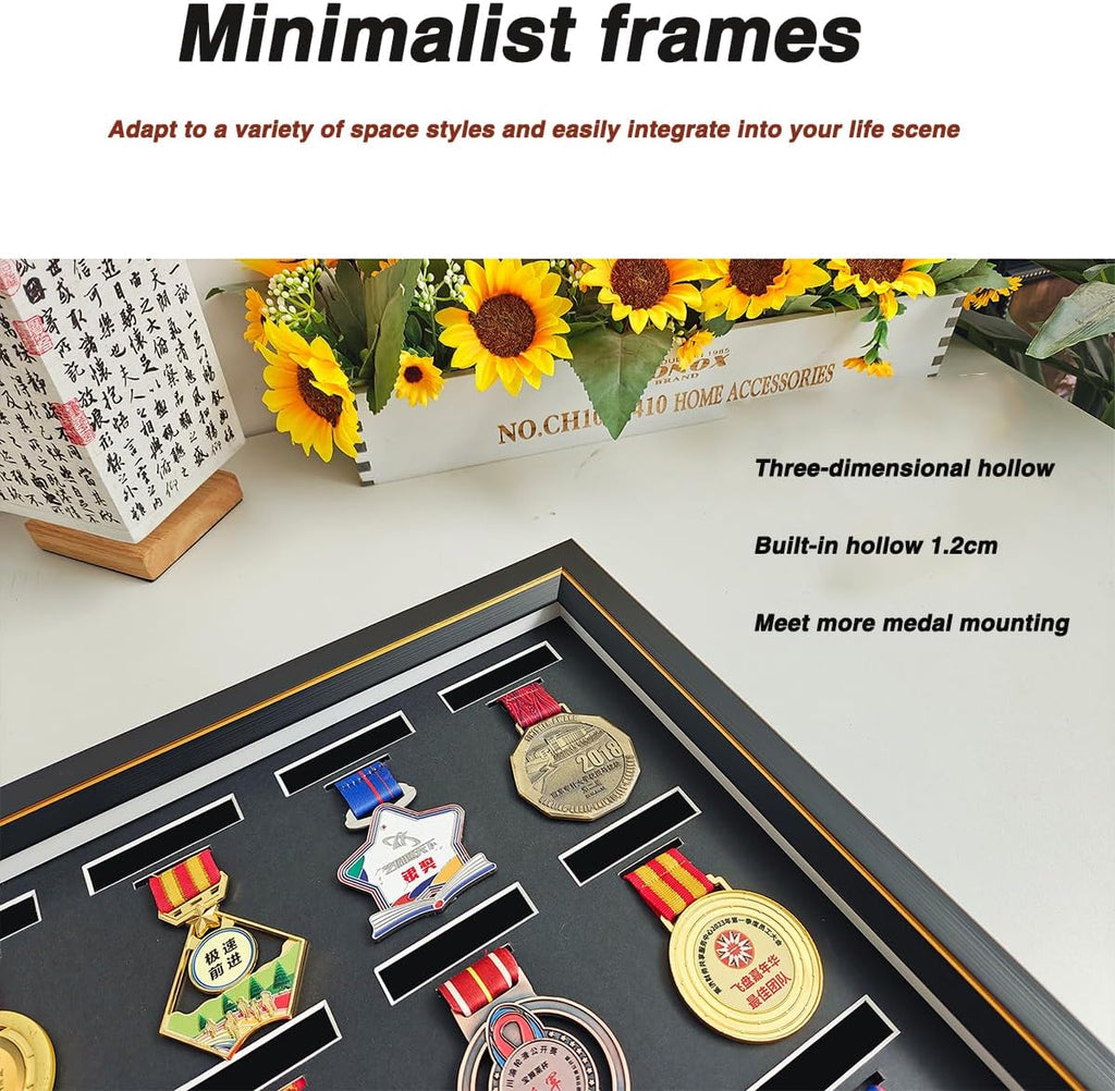 Medals Framed - Medal Display Box - 3D Medal Box Photo Frame Marathon Medal Display Stand, Handwritten Label to Record Event Information, Triathlon, Football Gymnastics, All Sports Medals Badges