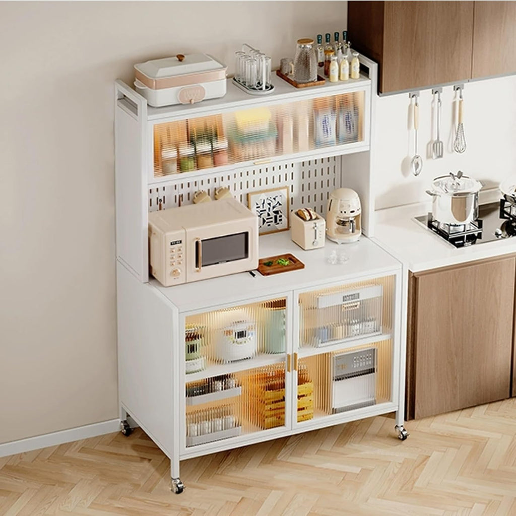 Bakers Racks for Kitchens with Storage, Kitchen Storage Cabinet, Large Bakers Rack with Cabinet, with Wheels and Hooks(White,60cm)