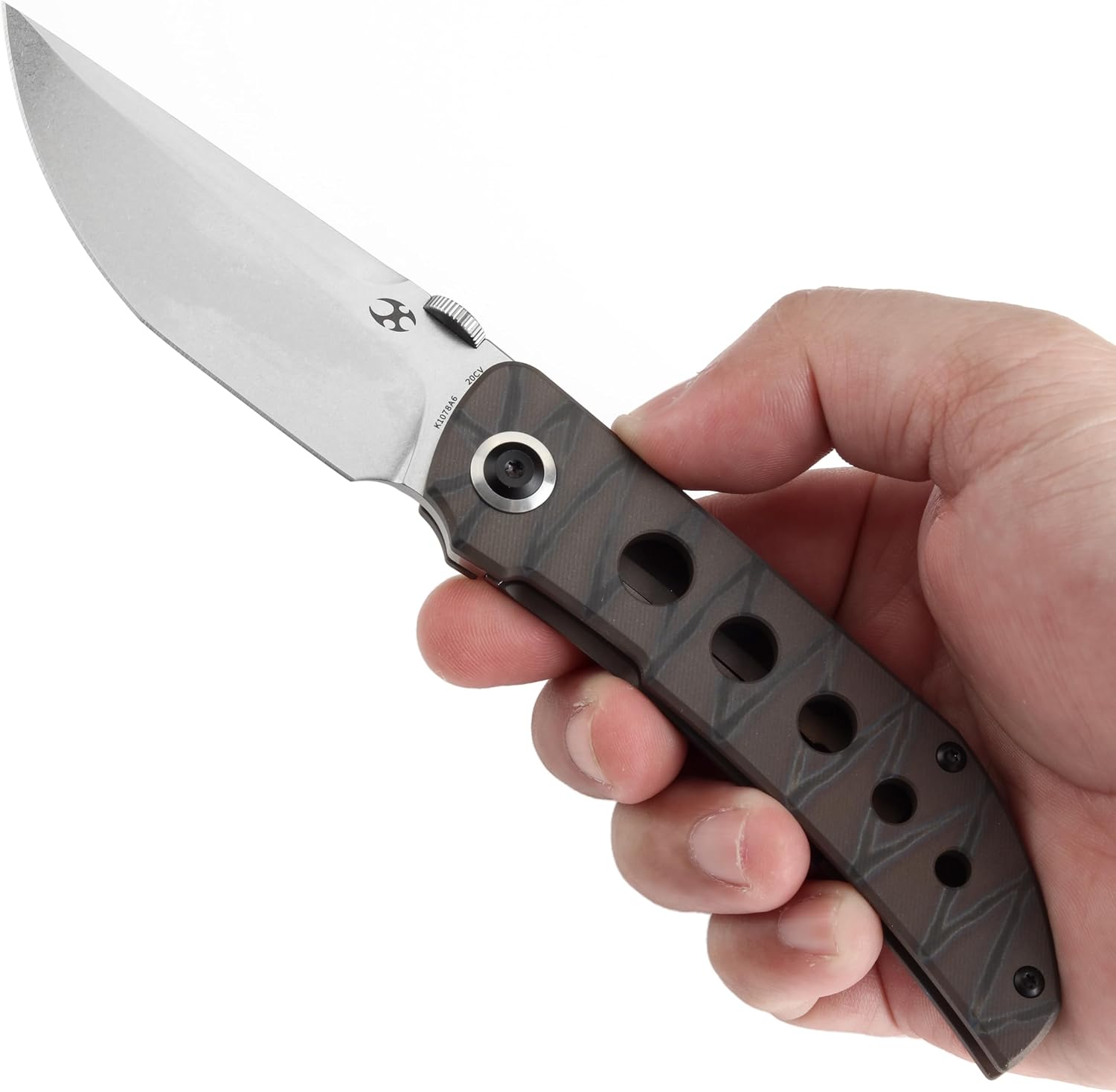 KANSEPT Tarkin Camping Pocket Knives for Men 7.87in Folding Pocket Knives with 3.42in CPM 20CV Material and Tiger Stripe Flamed Titanium with Holes Handle for Outdoor, Tactical, Survival K1078A6