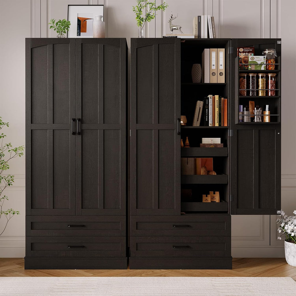 ONBRILL 71' Tall Farmhouse Kitchen Pantry Cabinet with 3 Pull Out Shelves & 2 Large Drawers, Pantry Storage Cabinet with 6 Door Shelf & Adjustable Shelf, Freestanding Cupboard for Kitchen, Dining Room