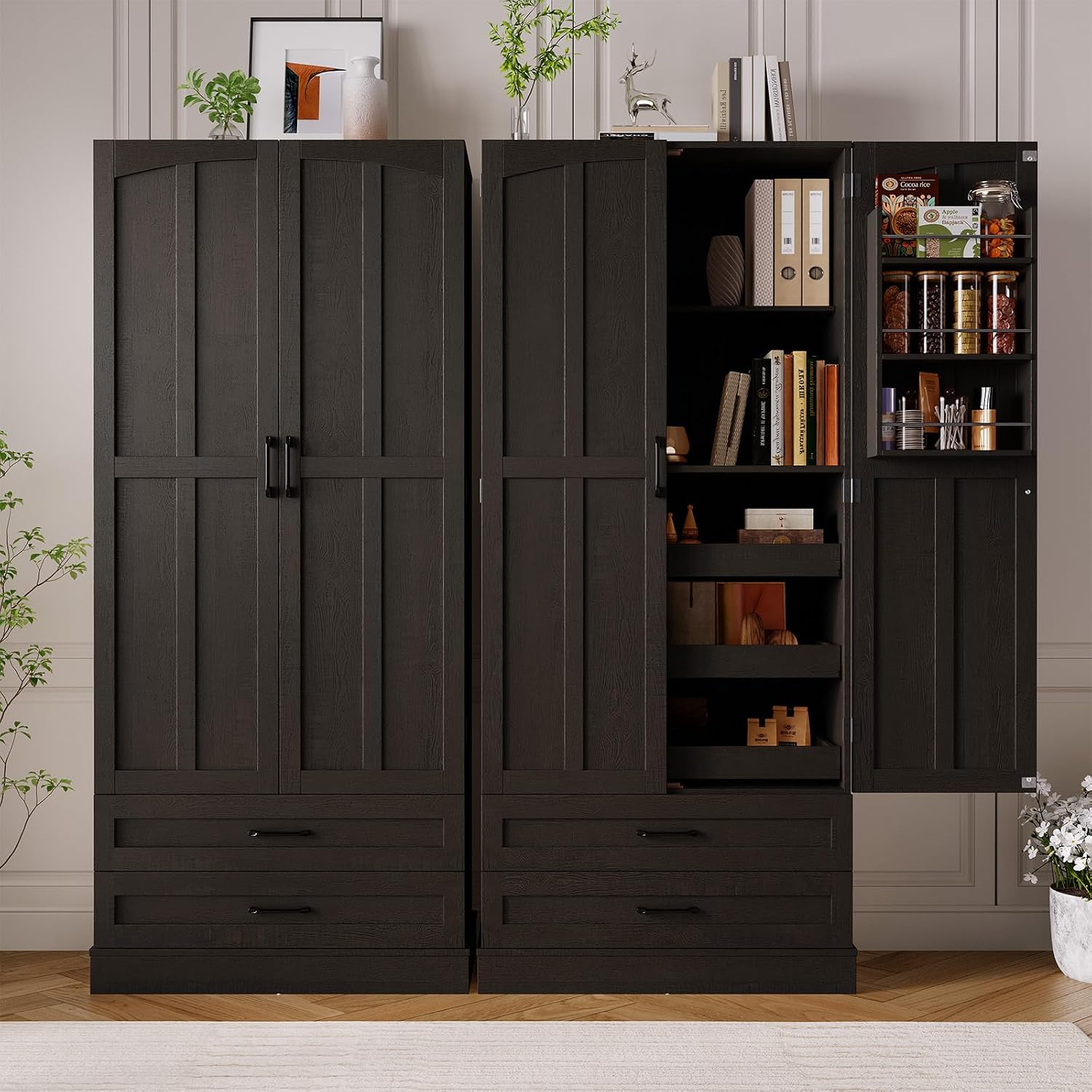 ONBRILL 71' Tall Farmhouse Kitchen Pantry Cabinet with 3 Pull Out Shelves & 2 Large Drawers, Pantry Storage Cabinet with 6 Door Shelf & Adjustable Shelf, Freestanding Cupboard for Kitchen, Dining Room