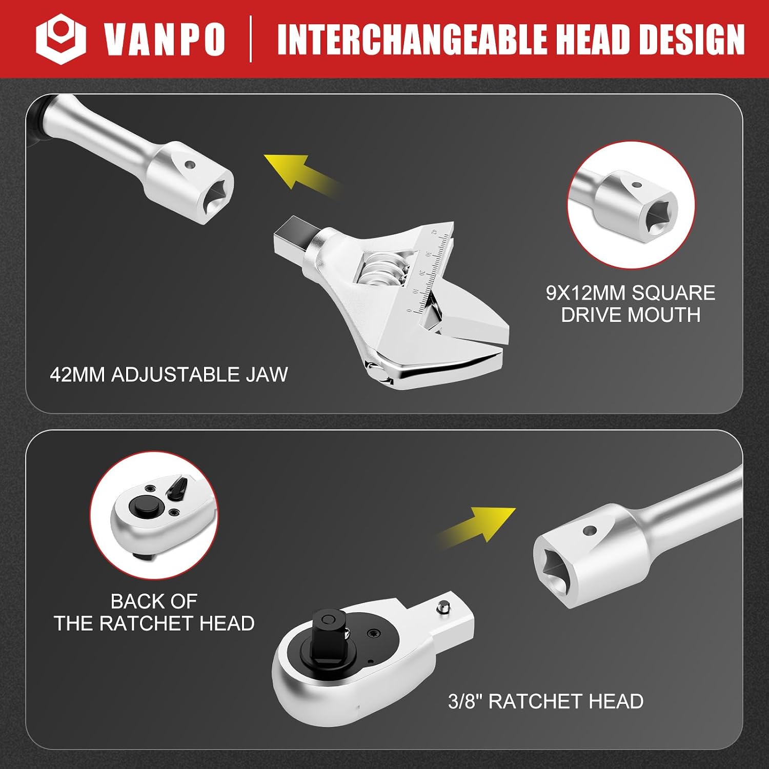 VANPO Adjustable Digital Torque Wrench, 2.2-44.3 Ft.lb/3-60Nm, ±2% Accuracy, HVAC Torque Wrench with Interchangeable 42mm Jaw & 3/8' Ratchet Head, Buzzer and LED Alert for Split AC, Moto