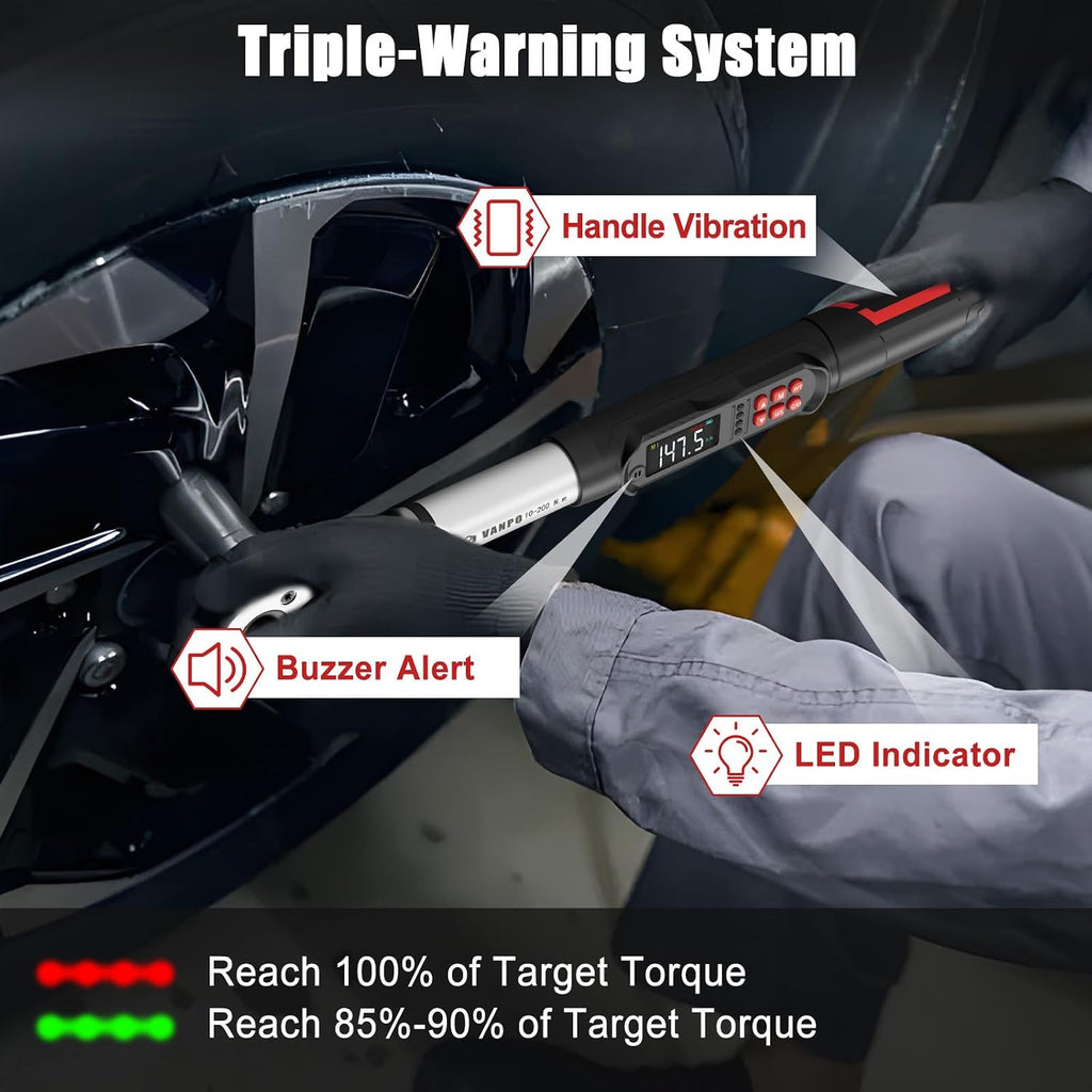 VANPO Adjustable Digital Torque Wrench, 7.4-147.5Ft.lb/10-200Nm, ±2% Accuracy, HVAC Torque Wrench Interchangeable 38mm Jaw & 1/2' Ratchet, Buzzer, Vibration and LED Alert for Split AC, Car