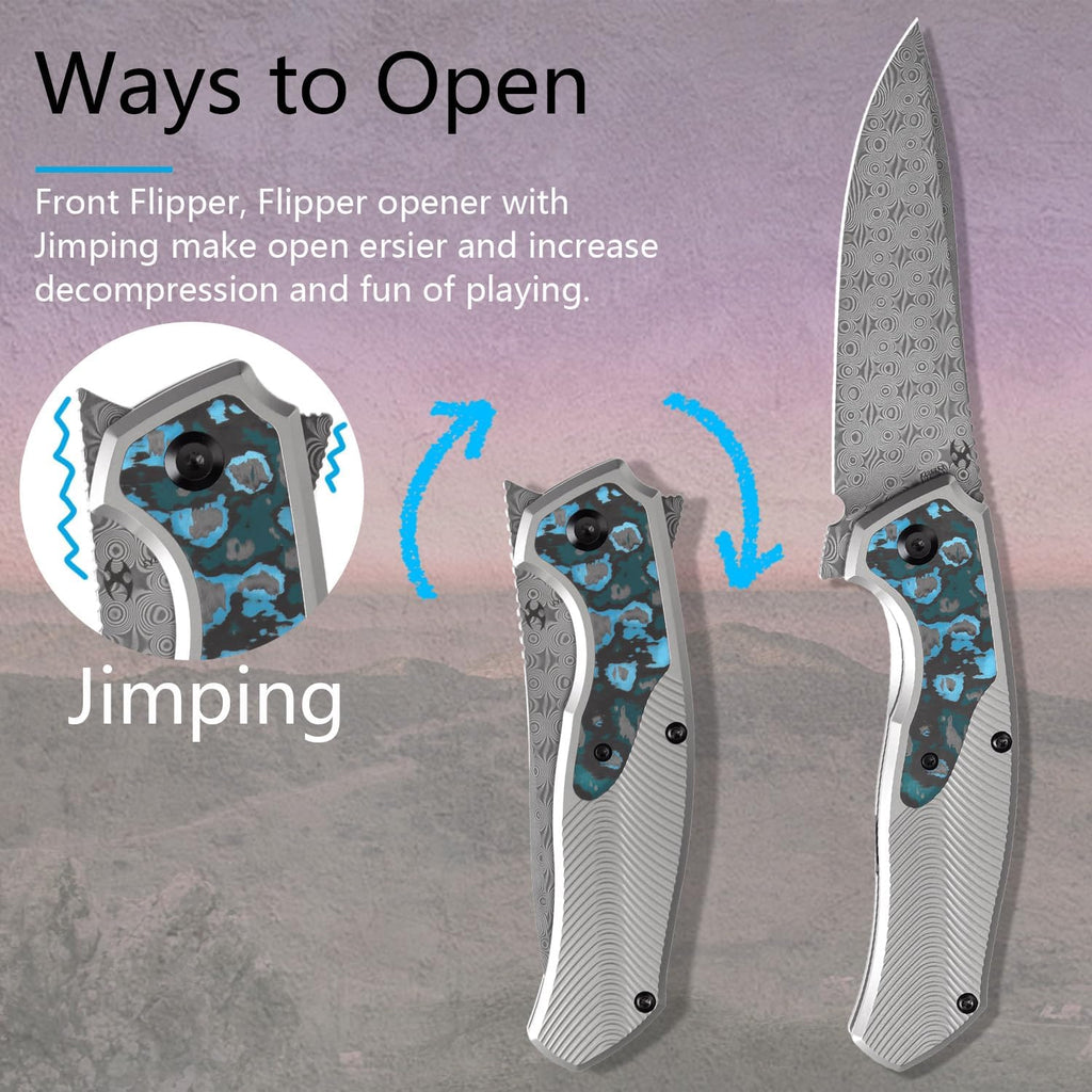 KANSEPT HAVØRN Pocket Folding Knives for Men Women Camping Hiking Folding Knife 3.48'' Damascus Blade Material Pocke Knife with Titanium Arctic Storm Fat Carbon Handle Everyday Carry K1069A3