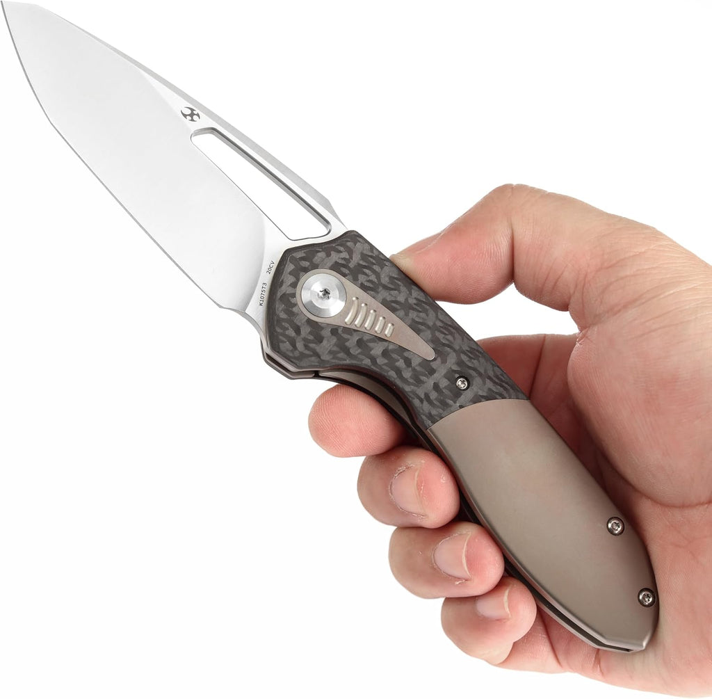 KANSEPT Thoth Camping Pocket Knives for Men 8.05in Folding Pocket Knives with 3.43in Satin CPM 20CV Material and Twill Carbon Fiber+ Titanium Handle for Outdoor, Tactical, Survival K1075T3