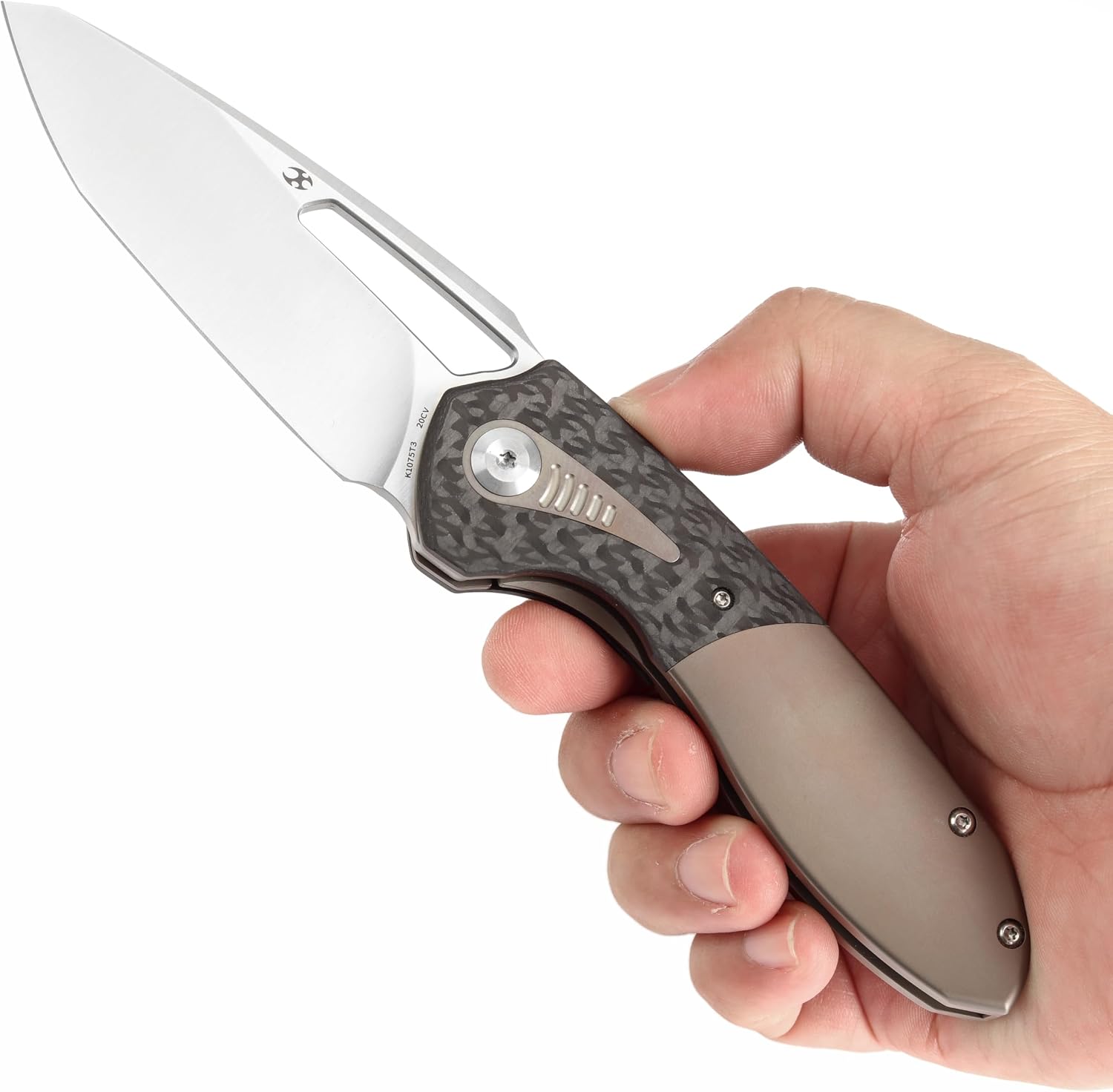 KANSEPT Thoth Camping Pocket Knives for Men 8.05in Folding Pocket Knives with 3.43in Satin CPM 20CV Material and Twill Carbon Fiber+ Titanium Handle for Outdoor, Tactical, Survival K1075T3