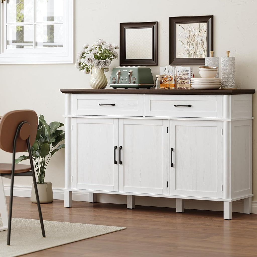 ONBRILL 55 Inch Buffet Cabinet with Storage, Farmhouse Sideboard Buffet w/2 Drawers and 3 Doors, Wood Coffee Bar Cabinet with Adjustable Shelves, Sideboard Storage for Kitchen, Living Room, Off White