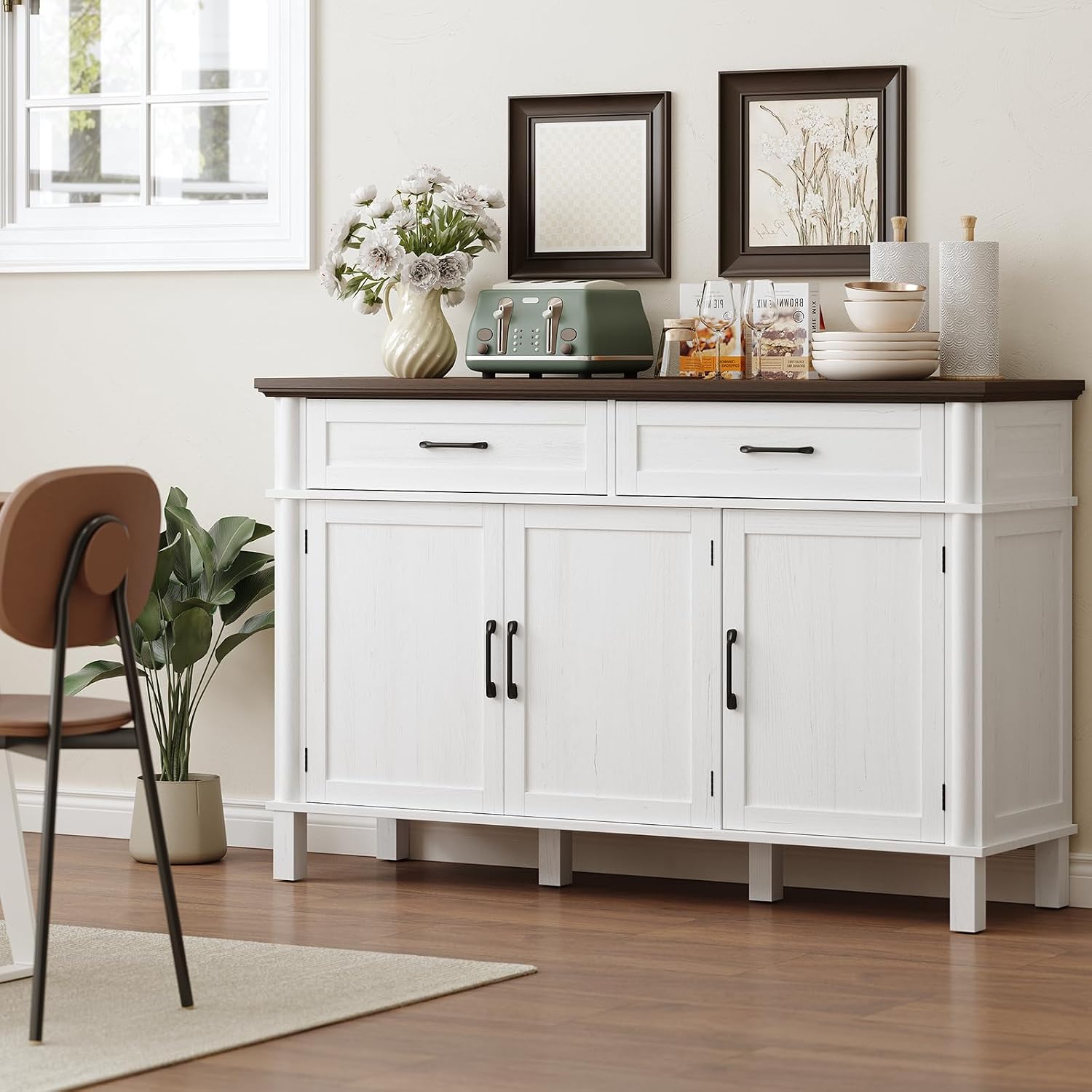 ONBRILL 55 Inch Buffet Cabinet with Storage, Farmhouse Sideboard Buffet w/2 Drawers and 3 Doors, Wood Coffee Bar Cabinet with Adjustable Shelves, Sideboard Storage for Kitchen, Living Room, Off White
