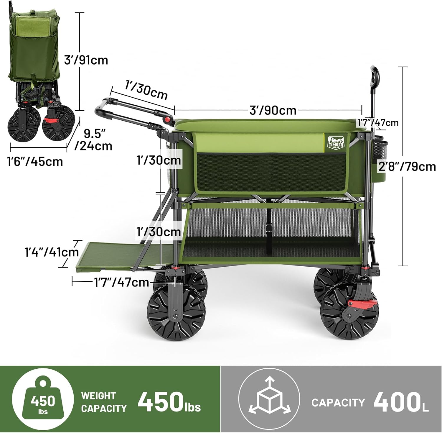 TIMBER RIDGE Push & Pull Double Decker Wagon, 400L Large Capacity Heavy Duty & 450lb Load, Collapsible Cart with All-Terrain Wheels & Brakes, 54' Extended Foldable for Sports, Beach, Camping, Green