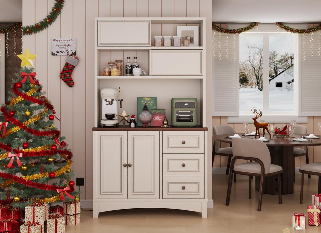 BLANKSPACE 71' Tall Kitchen Pantry Cabinet with Microwave Shelf Built-in Charging Station, Sliding Door Cabinet with Drawer Storage Organizer/Adjustable Shelves for Dining Room（Antique White）