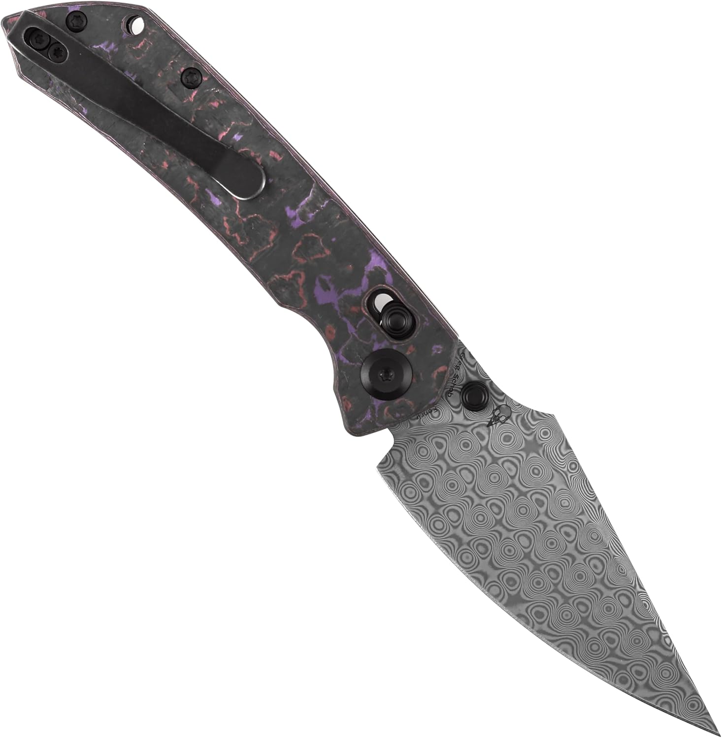 KANSEPT Fenrir Pocket Knife, 3.48'' Damascus Harpoon Blade, Purple Haze Fatcarbon Handle with Crossbar Lock, Thumb Stud Deep Clip for Edc, Camping Survival Hiking Folding Knives K1034V9