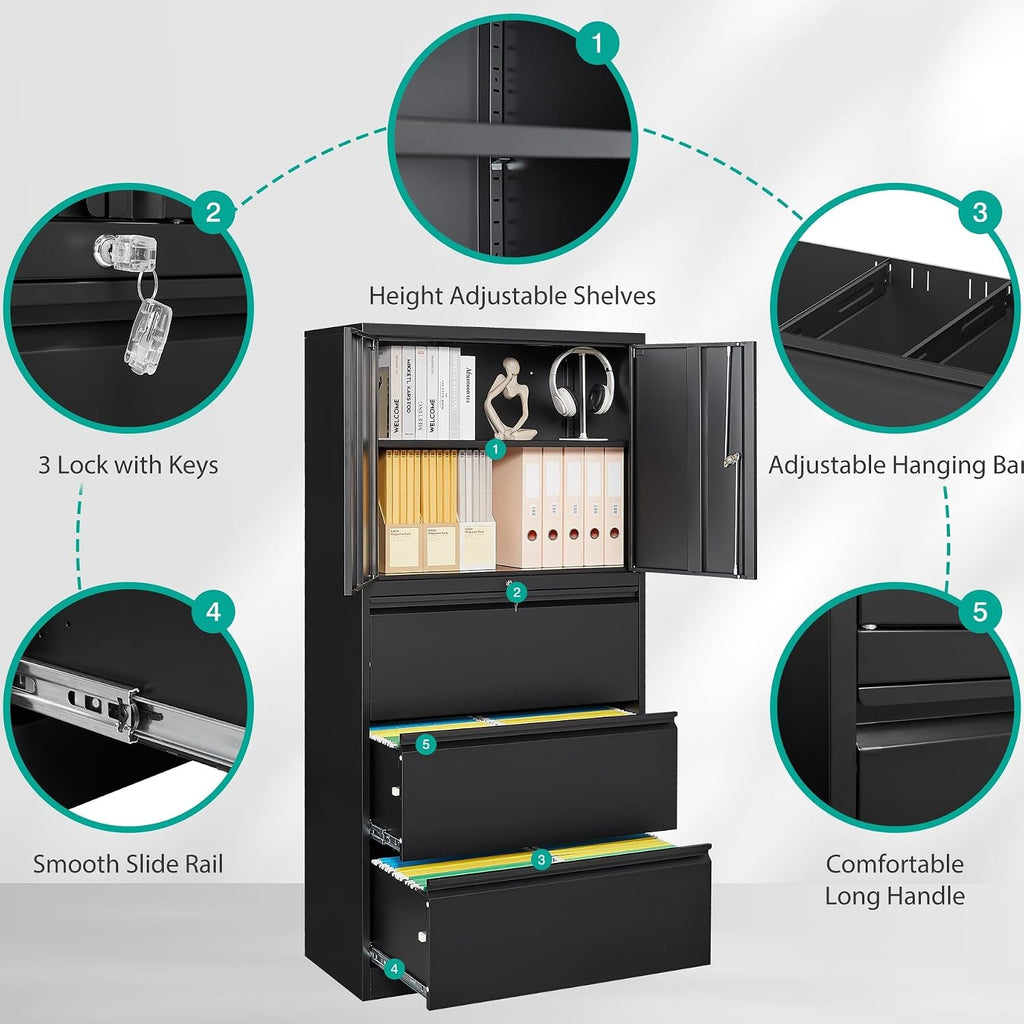 SISESOL 3 Drawer Lateral File Cabinet with Lock and Shelf,Black Metal Filling Cabinet with Drawers and Shelf, Locking File Storage Cabinets with Doors and Shelves for Home,Office,Garage,School
