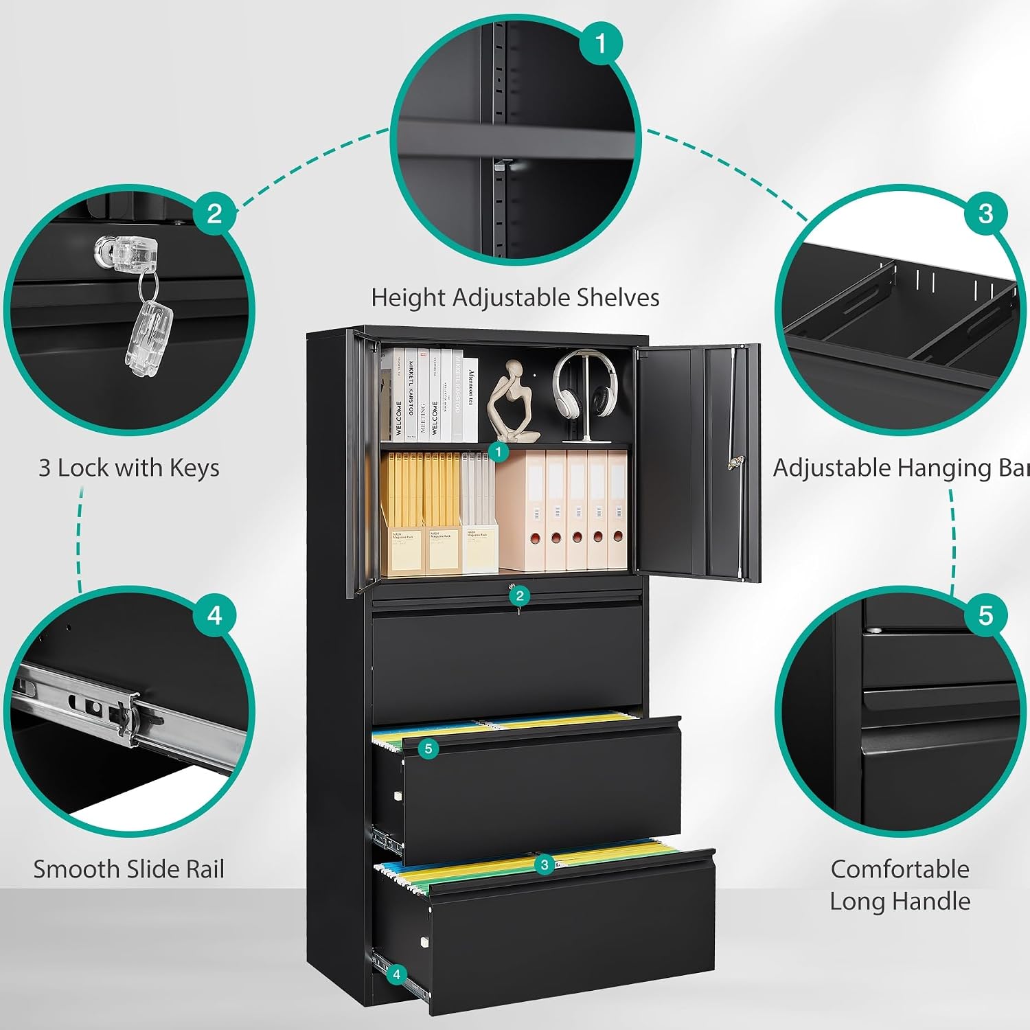SISESOL 3 Drawer Lateral File Cabinet with Lock and Shelf,Black Metal Filling Cabinet with Drawers and Shelf, Locking File Storage Cabinets with Doors and Shelves for Home,Office,Garage,School