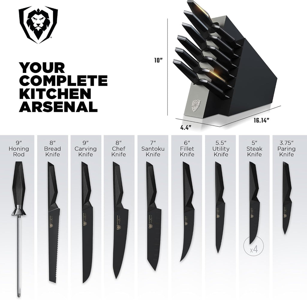 Dalstrong 12-Piece Knife Block Set — All-Black Titanium-Coated Blades, 15° Honbazuke Edge, Full-Tang G-10 Handles — Shadow Black Series For Modern Dark Kitchens & Statement Cooks — NSF Certified