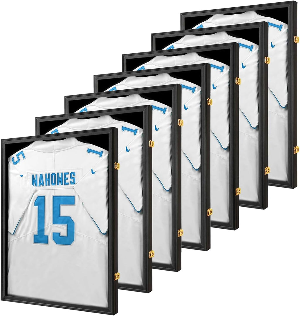Jersey Frame Display Case 7 Pack-Wood Jersey Display Shadow Box- Lockable Jersey Frame with 2 Wall Hangers and UV Protected Acrylic for Football Baseball Basketball Jersey-Black