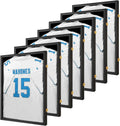 Jersey Frame Display Case 7 Pack-Wood Jersey Display Shadow Box- Lockable Jersey Frame with 2 Wall Hangers and UV Protected Acrylic for Football Baseball Basketball Jersey-Black