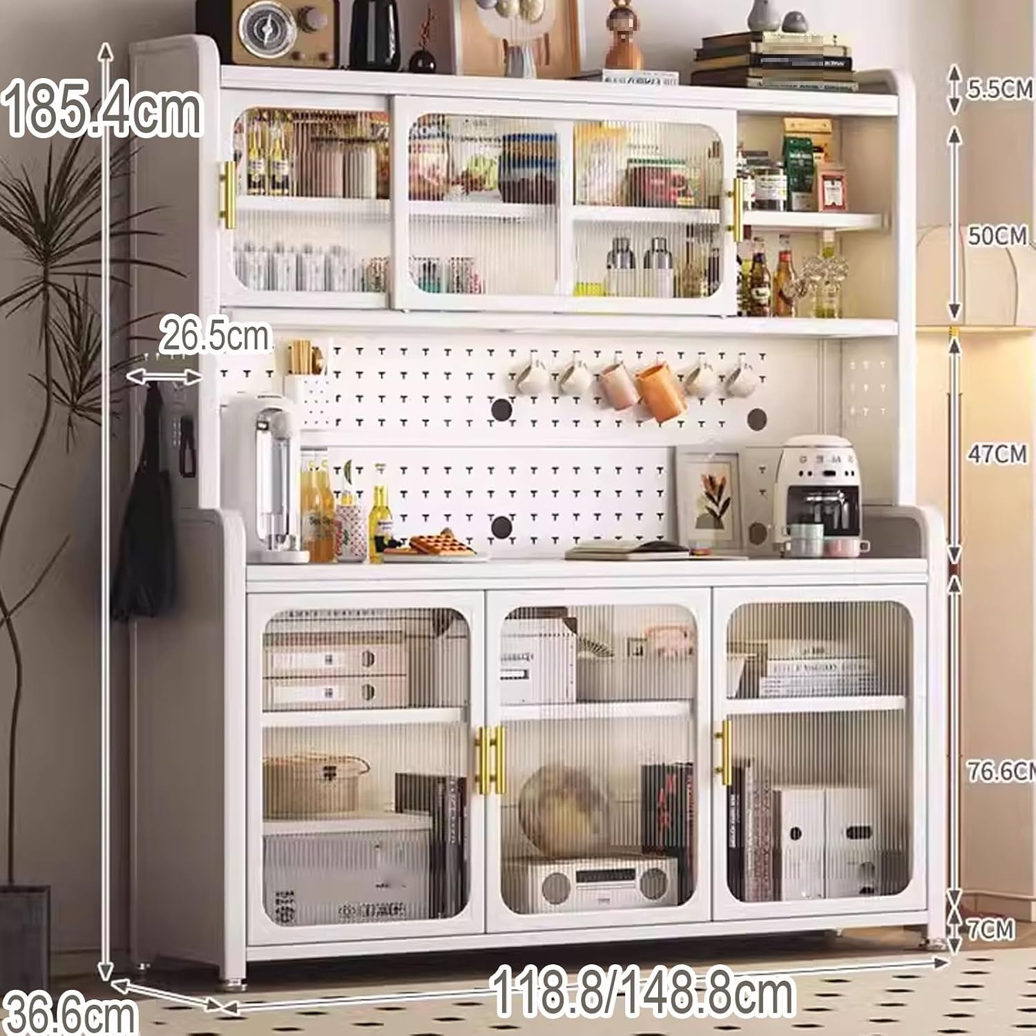Microwave Stand with Storage Cabinet White Available in Carbon Steel Bread Rack Coffee Station Microwave Rack Storage Rack for Dishes Wine Pots(Size:148.8 * 36.6 * 185.4cm)
