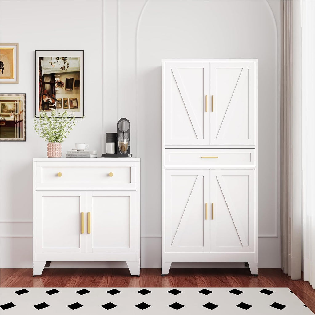QINPTWUT 71' Farmhouse Pantry Cabinet in White, with 4 Doors & Center Drawer, Tall Food Cabinet with Adjustable Shelves, Freestanding Steel Cupboard for Kitchen, Dining Room, Pantry, Garage