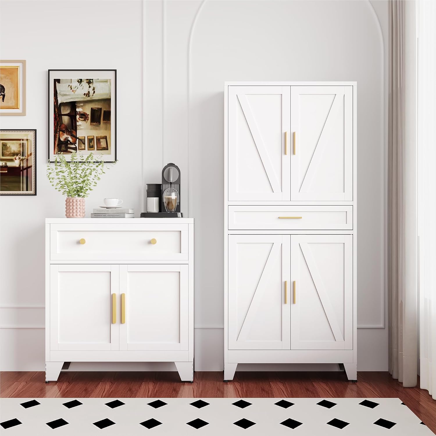 QINPTWUT 71' Farmhouse Pantry Cabinet in White, with 4 Doors & Center Drawer, Tall Food Cabinet with Adjustable Shelves, Freestanding Steel Cupboard for Kitchen, Dining Room, Pantry, Garage
