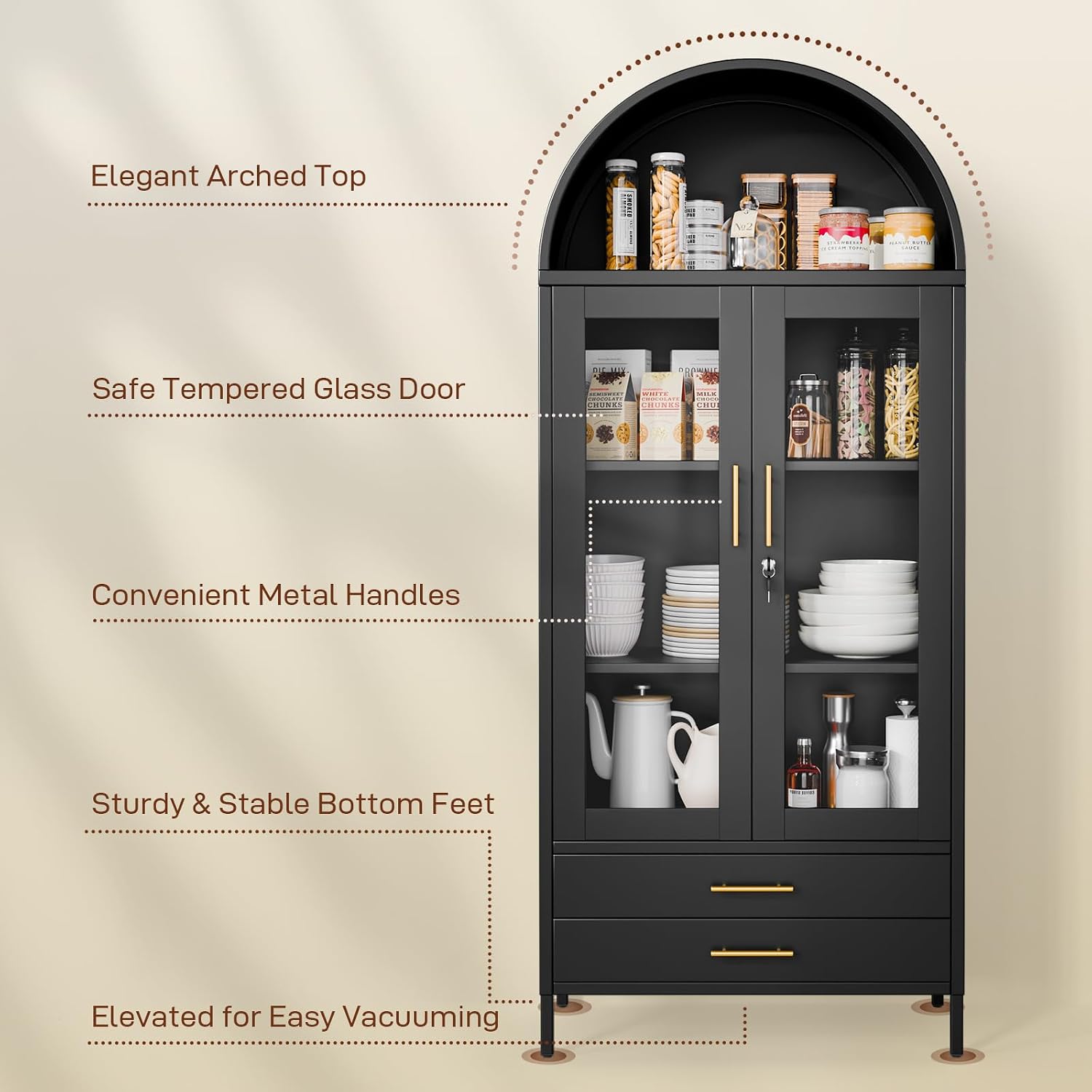Holiwei 73' Tall Arched Cabinet, Metal Kitchen Pantry with Glass Doors, Modern Display Cabinet with 2 Drawers and 2 Adjustable Shelves for Living Room