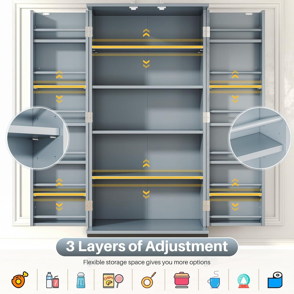 kepptory Grey Pantry Cabinet with Golden Metal Base, 51' Freestanding Kitchen Storage Cabinet, Adjustable Shelves Food Pantry Organization for Kitchen, Living Room, Hallway, Tall Pantry Cabinet
