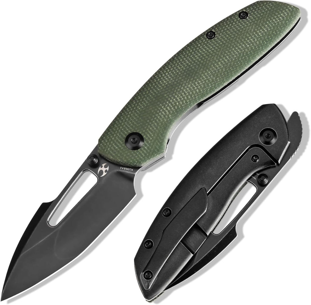 KANSEPT Link Pocket Folding Knives EDC Camping Hiking Folding Knife for Men Women 3'' Blackwash CPM 20CV Blade with Green Micarta Blackwash Titanium with Frag Pattern Handle Everyday Carry K1068A1