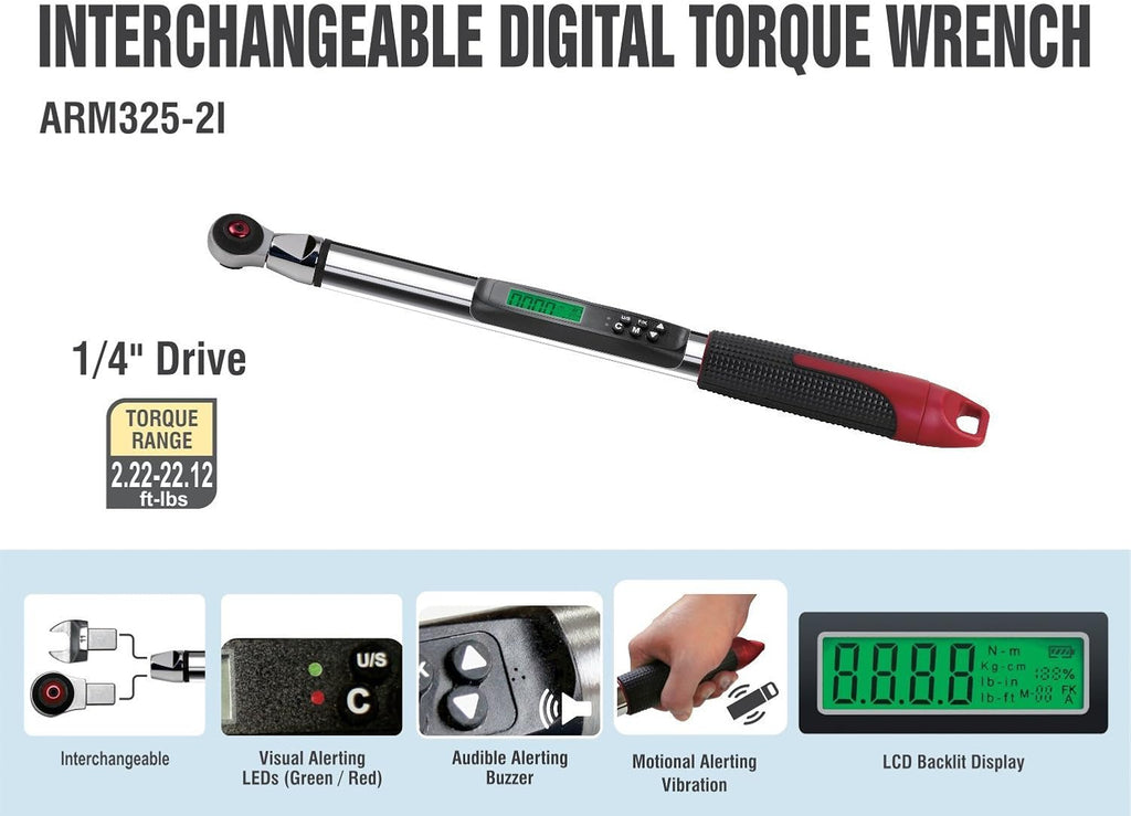 ACDelco ARM325-2i 1/4' Heavy Duty Interchangeable Digital Torque Wrench with Buzzer and LED Flash Notification - ISO 6789 Standards with Certificate of Calibration