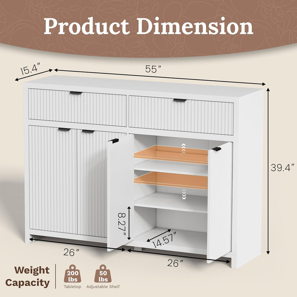 55' W Sideboard Buffet Cabinet with Storage, White Fluted Cabinet with 2 Drawers & 4 Doors, Wood Kitchen Cabinet with Adjustable Shelves for Living Room,Kitchen and Dining Room - White