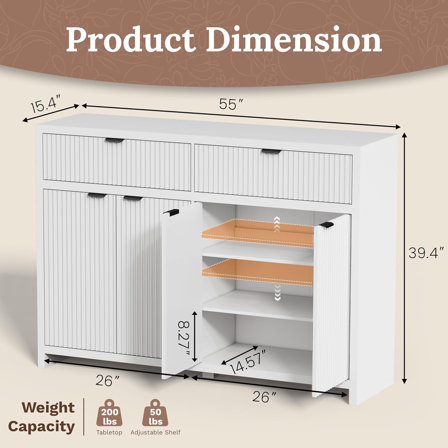 55' W Sideboard Buffet Cabinet with Storage, White Fluted Cabinet with 2 Drawers & 4 Doors, Wood Kitchen Cabinet with Adjustable Shelves for Living Room,Kitchen and Dining Room - White