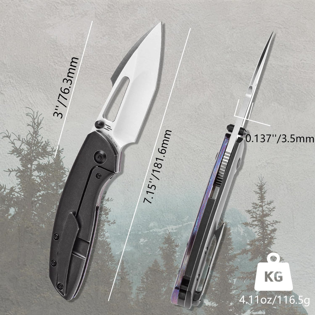 KANSEPT Link Pocket Folding Knives for Men EDC Camping Hiking Folding Knife for Men Women 3'' Satin CPM 20CV Blade Material Pocke Knife with Timascus + Blackwash Titanium Handle Everyday Carry K1068A3