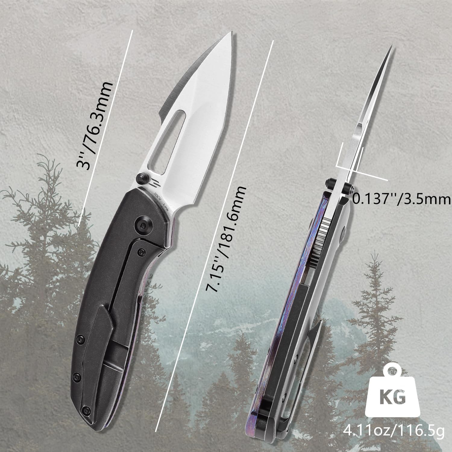 KANSEPT Link Pocket Folding Knives for Men EDC Camping Hiking Folding Knife for Men Women 3'' Satin CPM 20CV Blade Material Pocke Knife with Timascus + Blackwash Titanium Handle Everyday Carry K1068A3