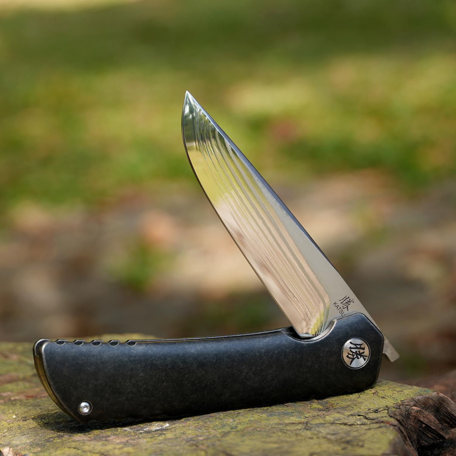 KATSU Folding Pocket Japanese Knife, 17 Layers ZDP-189 Super Steel Convex Grind Blade, Titanium Alloy Handle & Clip, Frame Lock, Leather Sheath