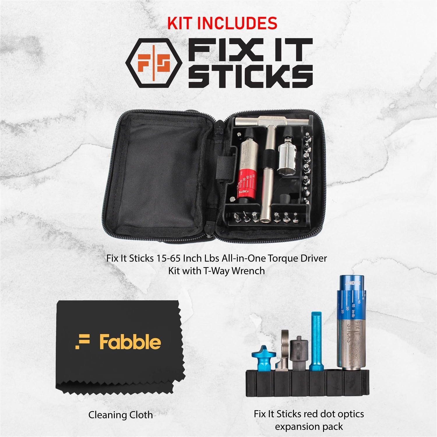 Fix It Sticks 15-65 Inch All-In-One Torque Driver Kit with T-Way Wrench Bundle with Red Dot Optics Expansion Pack, Mini Torque Driver, Tools & Case – Precision Maintenance Kit