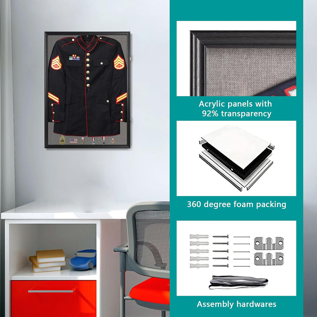 IHEIPYE Large Jersey Frame Display Case Lockable, Sport Jersey Shadow Box with 98% UV Protection Acrylic and Hanger for Baseball Basketball Football Soccer Hockey Sport Shirt and Uniform, Linen Black