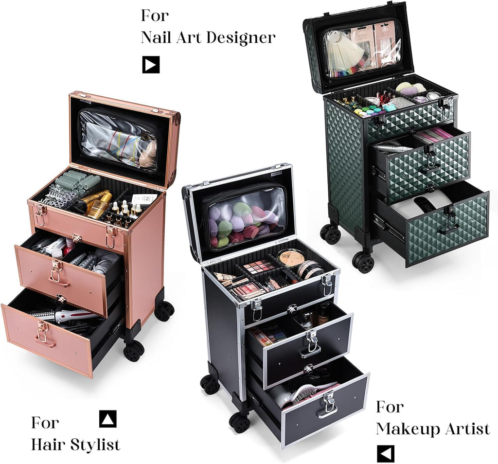Professional Rolling Makeup Train Case with Drawers, Makeup Case on Wheels, Nail Tech Rolling Cart Storage Organizer Trolley Make up Case for Travel Makeup/Nail Art/Hair Styling, Dark Green