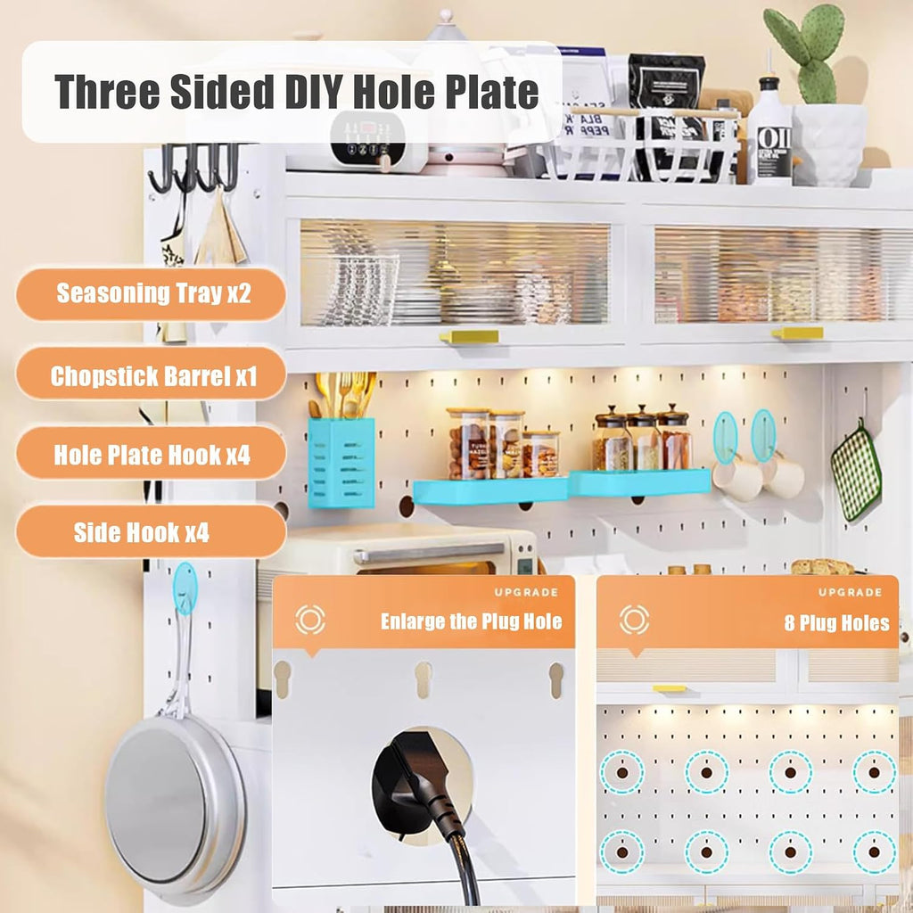 5-Tier Microwave Cart with Storage, Movable Standing Storage Cabinet Bakers Rack with Doors, DIY Backplane Creative Kitchen Storage Shelf for Spices Pots and Pans(L100cm(39.4in), White)