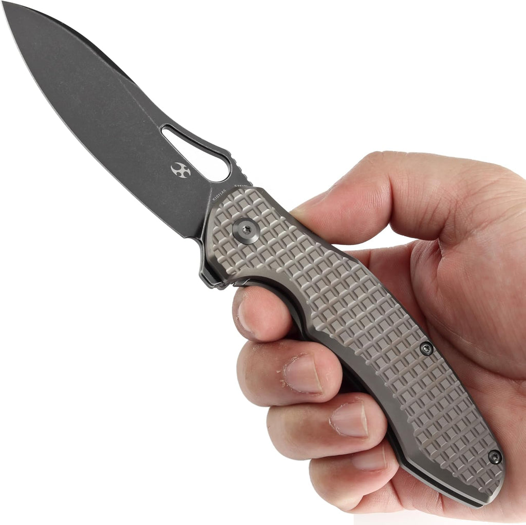 KANSEPT Echis Pocket Folding Knives for Men Women Camping Hiking Folding Knife 3.45'' Black Stonewashed CPM S35VN Blade with Bronzed Anodized Titanium with Frag Pattern Handle Everyday Carry K1071A6