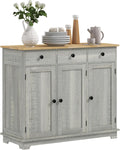 HOMCOM Sideboard Buffet Cabinet with Solid Wood Countertop, Modern Kitchen Storage Cabinet, Coffee Bar Cabinet with 3 Drawers, Doors and Adjustable Shelf, Distressed Light Gray